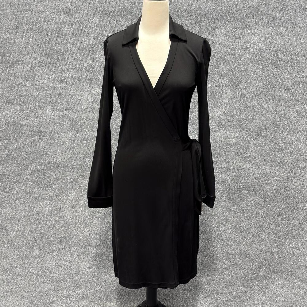 Diane Von Furstenberg Dress Womens 8 Black Jersey Wrap Collared Long Sleeve